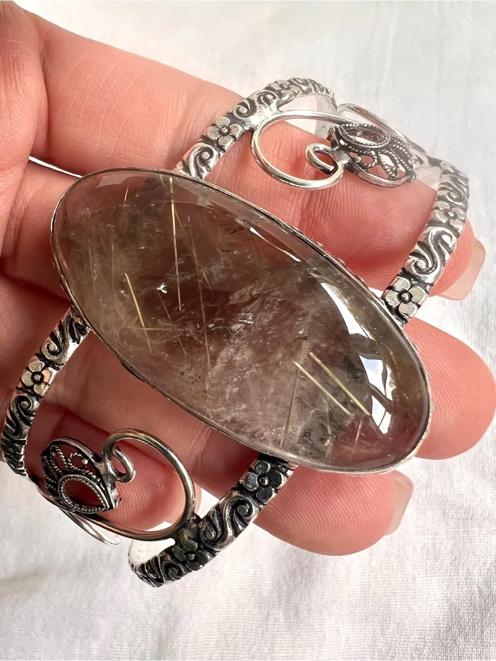 925 Divine Light! GOLDEN Rutile Rutilated SMOKY Quartz Cuff Bracelet